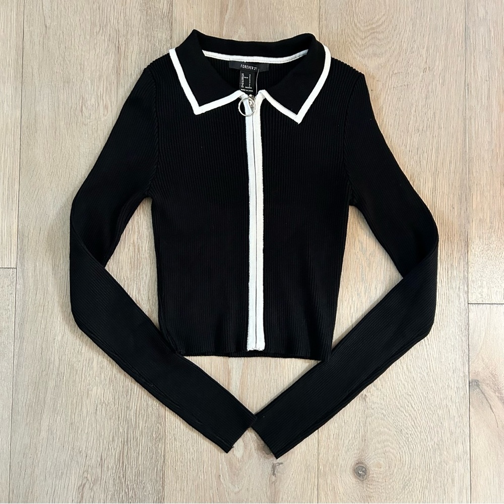Forever21 Black Long Sleeve Top with White Trim Collard Ribbed Cardigan Small
